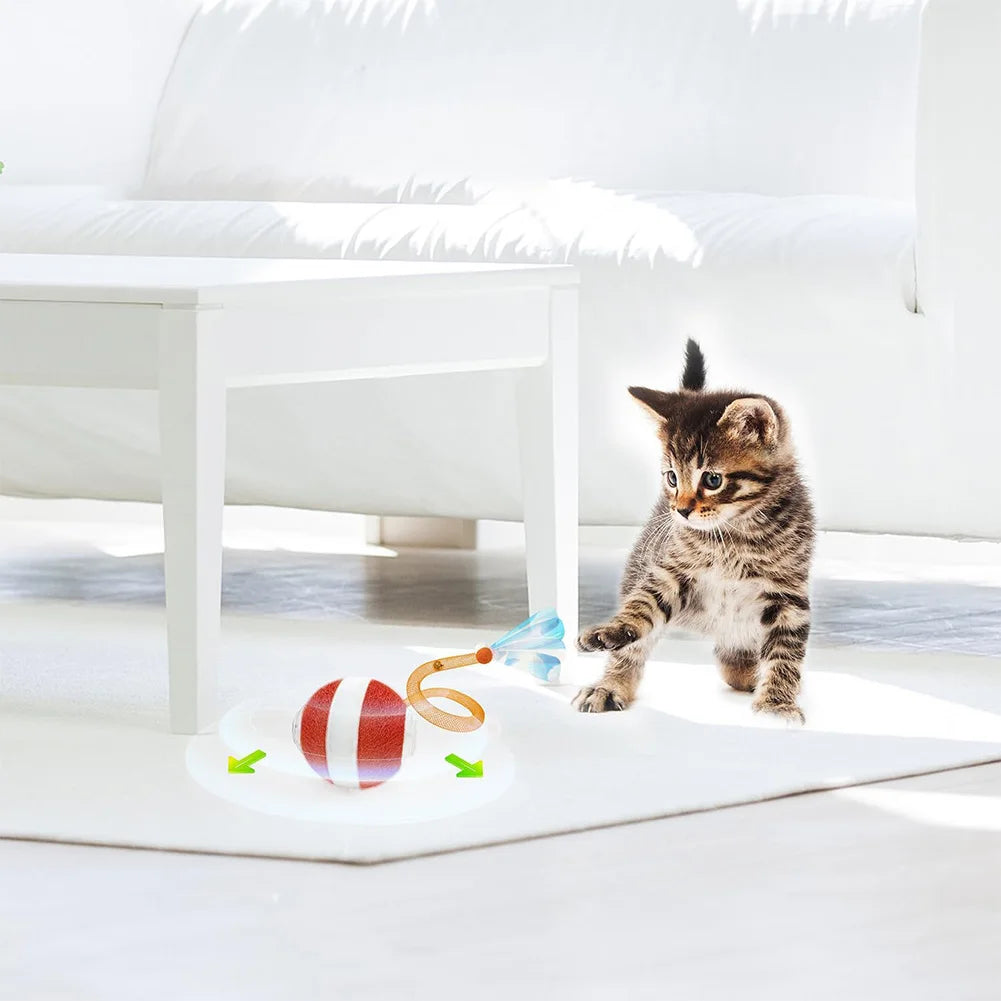 Interactive Cat Toy Ball Rechargeable Electric Cat Toy with Elastic Mesh Tail Cat Toy Ball for Bored Indoor Adult Cat