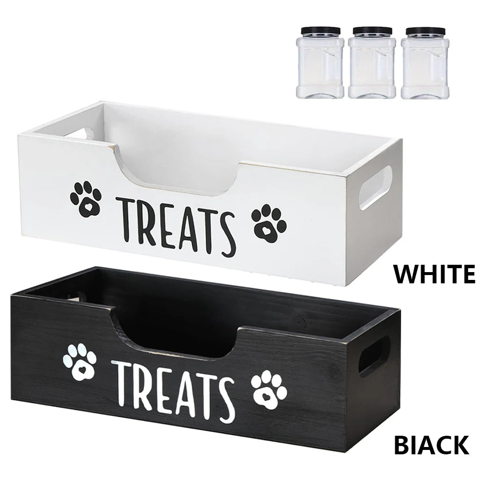 Wooden Pet Snack Storage Box with 3 Plastic Treat Jar Dog Food Storage Holder Multifunction Snack Organizer for Cat Food Storage