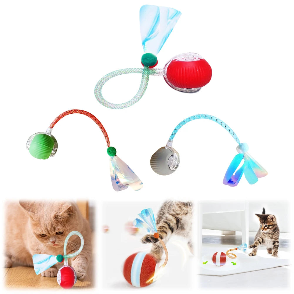 Interactive Cat Toy Ball Rechargeable Electric Cat Toy with Elastic Mesh Tail Cat Toy Ball for Bored Indoor Adult Cat