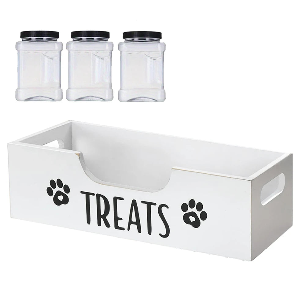 Wooden Pet Snack Storage Box with 3 Plastic Treat Jar Dog Food Storage Holder Multifunction Snack Organizer for Cat Food Storage