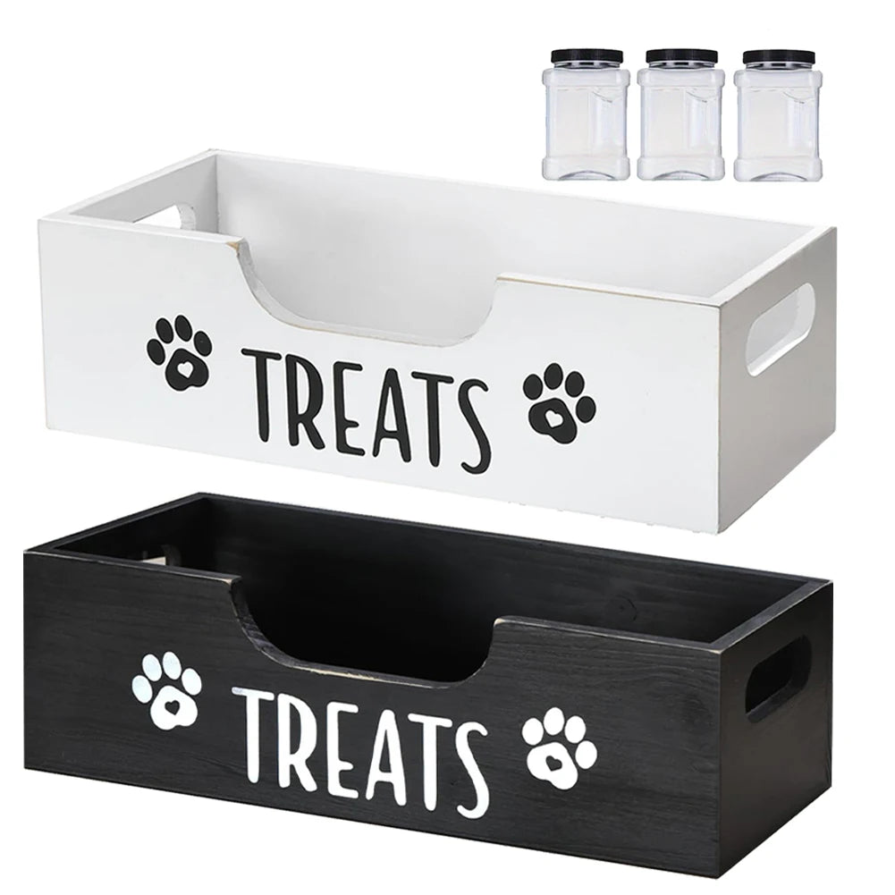 Wooden Pet Snack Storage Box with 3 Plastic Treat Jar Dog Food Storage Holder Multifunction Snack Organizer for Cat Food Storage