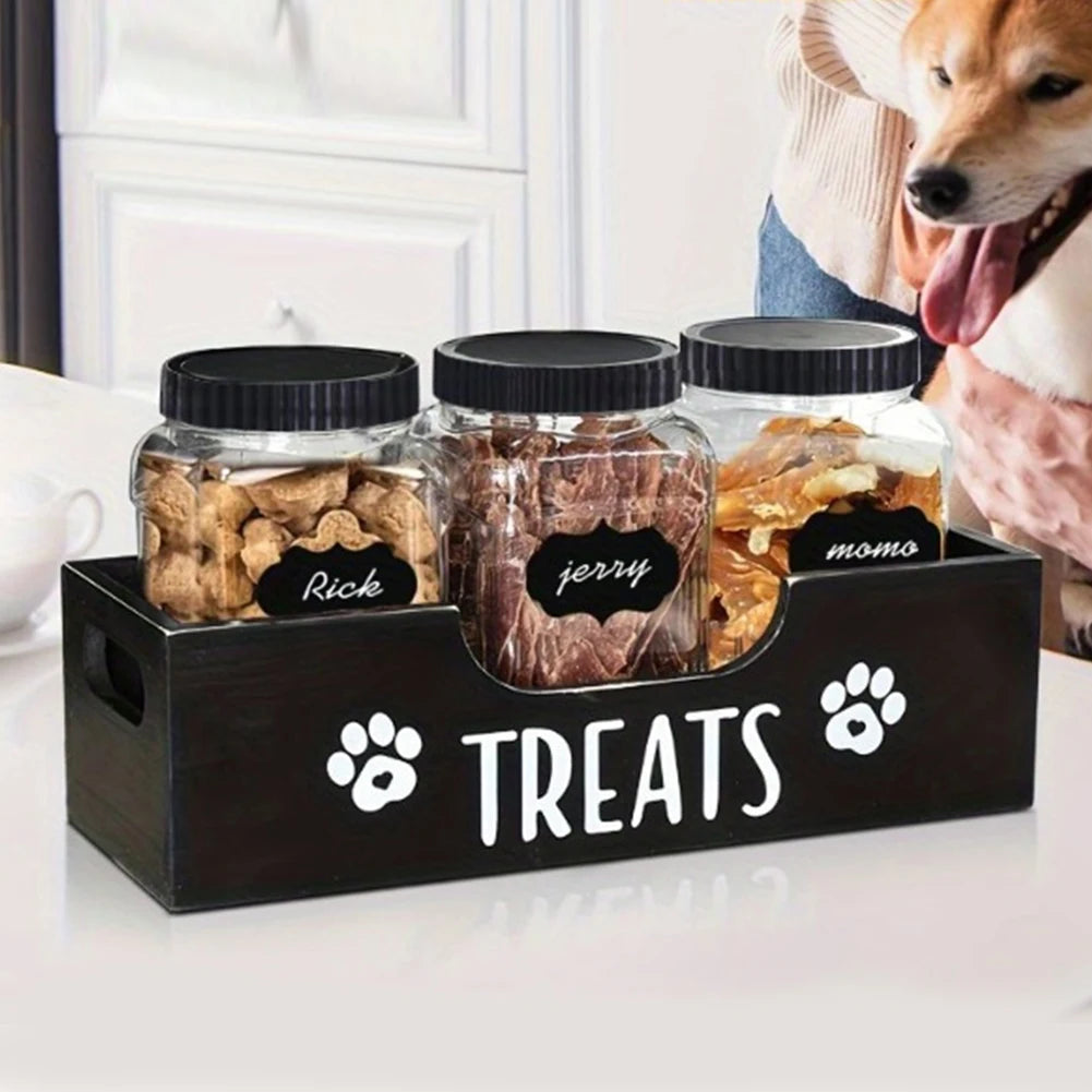 Wooden Pet Snack Storage Box with 3 Plastic Treat Jar Dog Food Storage Holder Multifunction Snack Organizer for Cat Food Storage
