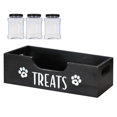 Wooden Pet Snack Storage Box with 3 Plastic Treat Jar Dog Food Storage Holder Multifunction Snack Organizer for Cat Food Storage