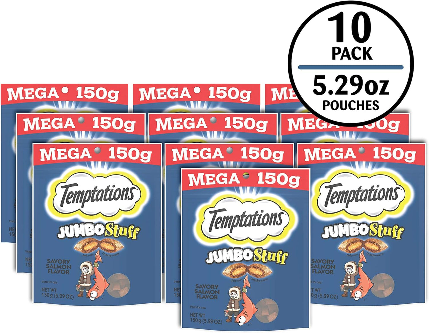 Jumbo Stuff Crunchy and Soft Cat Treats, Savory Salmon Flavor, 5.3 Oz. Pouch (Pack of 10)