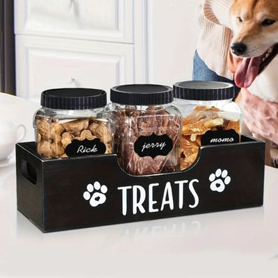 Wooden Pet Snack Storage Box with 3 Plastic Treat Jar Dog Food Storage Holder Multifunction Snack Organizer for Cat Food Storage